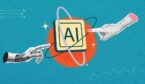 2 people pointing to the word AI in the middle