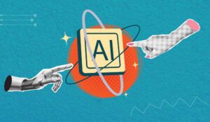 2 people pointing to the word AI in the middle