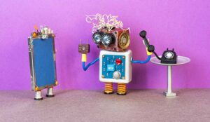 Robot making a call on a handset and looking at a smartphone