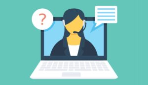 Call Centre Employee coming out of a laptop