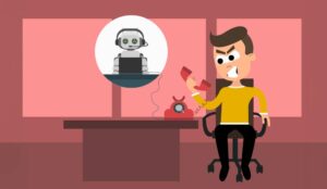 Vector illustration of frustrated man talking on phone with responding machine. Angry of talking to a robot instead of a human concept