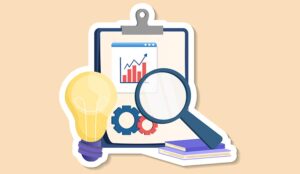 An illustration for an analysis concept with magnifying glass examining report document and light bulb for idea.