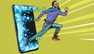 Man jumping out of a phone and smashing the screen