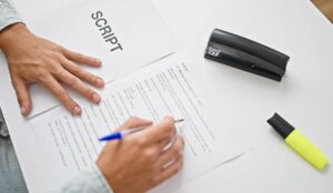 Scripting concept with person with paper and a pen with one bit of paper saying the word script