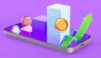 3D bar chart, coins, and upward arrow emerging from smartphone on purple background