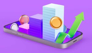 3D bar chart, coins, and upward arrow emerging from smartphone on purple background