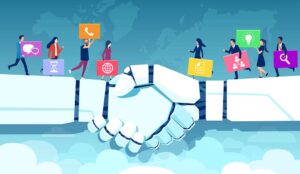 AI connecting people in business with robot handshake and people holding icons