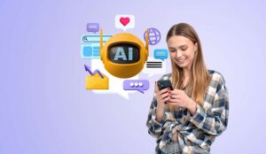 Happy person on phone with contact icons and AI robot - AI in customer support concept