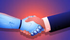 Human and Ai working together and shaking hands