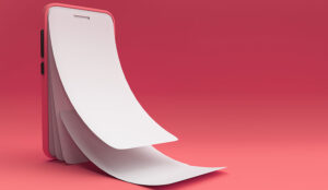 Call transcript concept with a mobile phone breaking down into paper