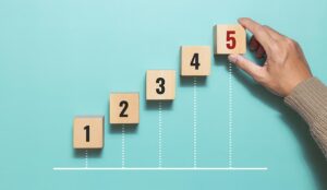 Five steps concept with hands placing numbered cubes