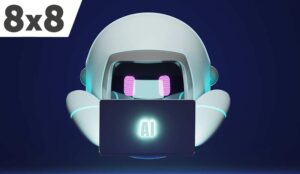 Robot ai looking at a laptop