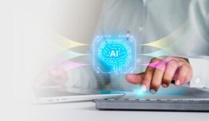 Embedding AI in business concept with ai icon and keyboards