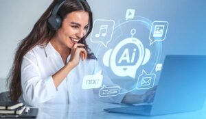 Call centre agent smiling at laptop with AI overlay