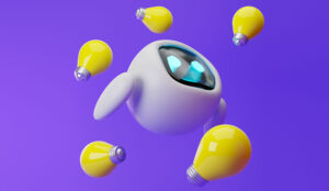 Cute robot flying among light bulbs isolated over purple background