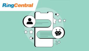 AI customer support concept with a phone and person talking to ai