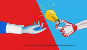 A robotic hand holds a lightbulb as a symbol of an idea. innovations and applications of artificial intelligence