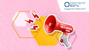 Lightning bolts flying out of megaphone in a hand on pink background