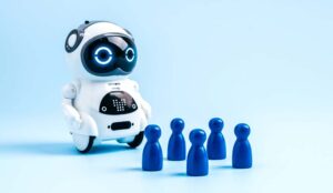White cute AI robot and blue human figures on light blue background