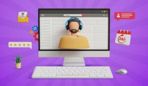 Computer with a call centre worker on the screen