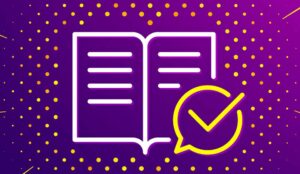 Correct information concept with a book and a checkmark in a speech bubble