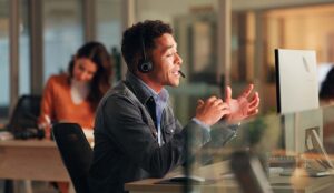 Call centre worker talking on phone
