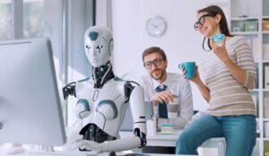 Happy employees with a robot