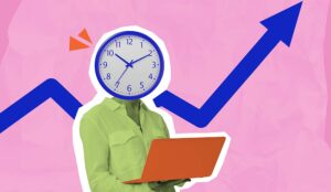 Person with a clock for a head holding a laptop on pink background
