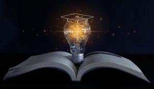 Knowledge automation and AI concept with a book and lightbulb