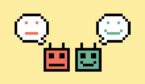Illustration of a red and green AI robot heads with a smiley and unhappy face in speech bubble