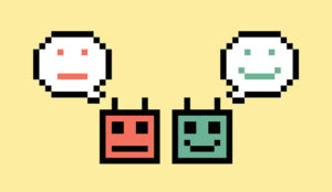 Illustration of a red and green AI robot heads with a smiley and unhappy face in speech bubble