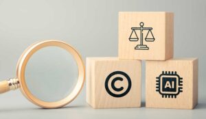 Magnifying glass and wooden blocks with AI chip copyright and justice scale icons
