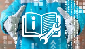 Person with hands out with book icon and wrench surrounded by binary code
