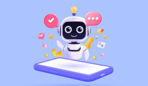 Illustration of a robot hovering over a mobile phone with chat and digital icons