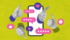 Smartphone with floating review icons, star ratings, and thumbs gestures in collage style on yellow background, concept of customer feedback