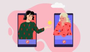 2 phones with 2 people on either end one sad and one helping out