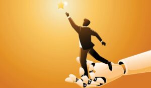 Ai opportunity concept with an illustration of giant robotic hand helping a person reach a star
