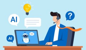 Flat illustration of call centre agent using AI chatbot on computer to assist