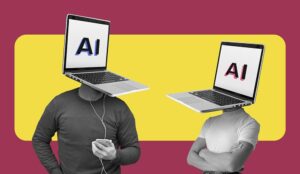 Two people with laptops as heads with AI on the screens - AI in customer service concept