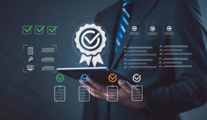 Certification and approval concept with certification badge, checkmarks