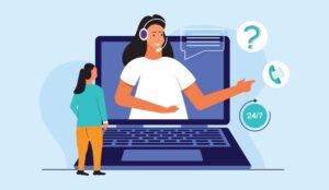 Customer service agent on the laptop on the phone to person