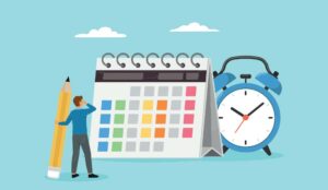 Person looking at a calendar with a clock next to it - Shift planning concept