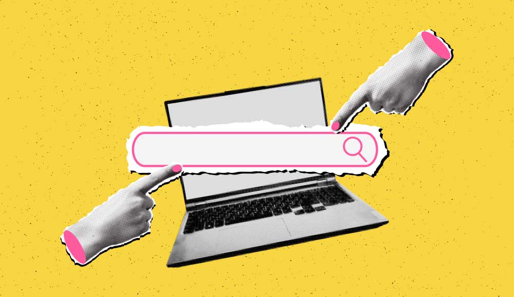 Fingers pointing to search bar on yellow background