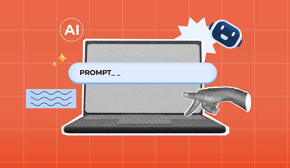 collage pointing hand of a laptop with AI prompt bar