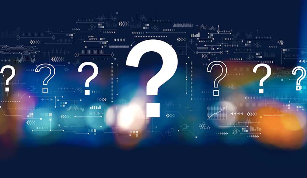 Seven question marks on digital style background